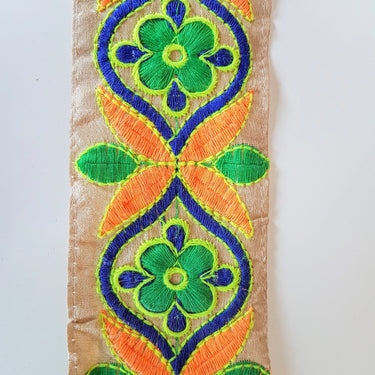 Beige Art Silk Fabric Trim With Orange, Green, Blue And Yellow Floral Embroidery